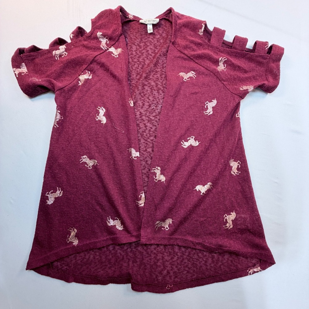 Self Esteem Girls Unicorn Print Cold Shoulder Open Front Cardigan Lightweight S